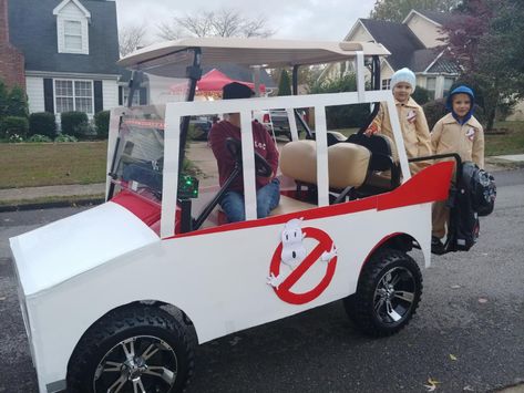 Golf Cart Costume Ideas, Golf Cart Decorated For Halloween, Golf Cart Parade Float, Mario Kart Golf Cart, Golf Cart Halloween Costume, Ghostbusters Parade Float, Decorating Golf Carts Ideas, Ghostbusters Golf Cart, Halloween Decorations For Golf Cart