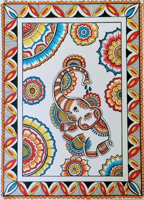 Madhubani Elephant, Madhubani Paintings Peacock, Gond Painting, Easy Mandala Drawing, Sky Art Painting, Boho Art Drawings, Mandala Art Therapy, Canvas Drawing, Beautiful Art Paintings