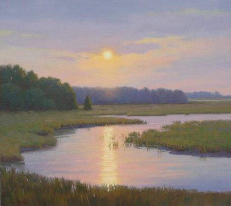 Peaceful Evening, oil on linen, 20 x 22 inches, $6,400 Oil Landscape Paintings Simple, Marsh Landscape Photography, Peaceful Landscape Painting, Lake Painting Easy, Landspace Painting, Peaceful Paintings, Peaceful Drawings, Painting Canvas Landscape, Landscape Painting Canvas