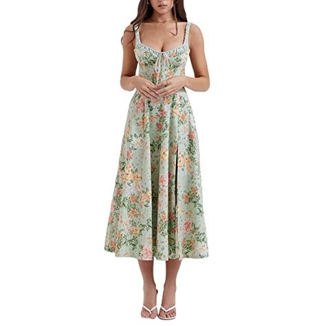 Women Y2k Square Neck Long Dress Low Cut Sleeveless Midi Dress Bustier Lace Trim Spaghetti Strap Going Out Swing Sundress Mode Prints, Long Dresses Elegant, Floral Bustier, Corset Midi Dress, Floral Corset, Midi Sundress, Camisole Dress, House Of Cb, Floral Print Midi Dress