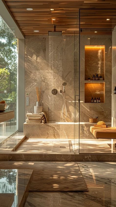 21+ Luxurious Master Bath Inspiration Ideas That Feel Elevated - From Lemons To Luxury Shower With Lounge Seat, Sitting Shower Bathroom, Restroom Luxury Design, Walkinshower Shower Designs, Luxurious Master Bath Ideas, Sauna And Shower Combo Master Bath, Large Open Shower Master Suite, Master Suite Bathroom Luxury, Bathroom Shower Seat Ideas