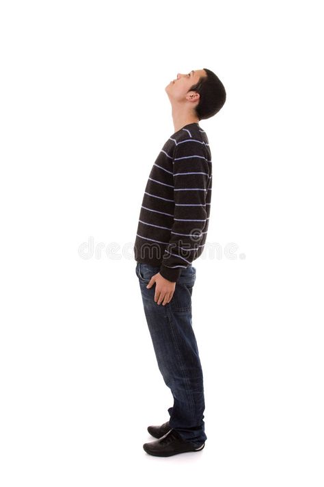 Looking up. Young man standing with his head looking up (isolated on white , #Sponsored, #standing, #man, #Young, #white, #isolated #ad Awkward Standing Pose Reference, Man Looking Up Drawing, People Looking Up At The Sky, Person Standing Sideways, Guy Looking Up, Man Looking Up Reference, People Looking Up, Man Looking Down, Man Standing Reference