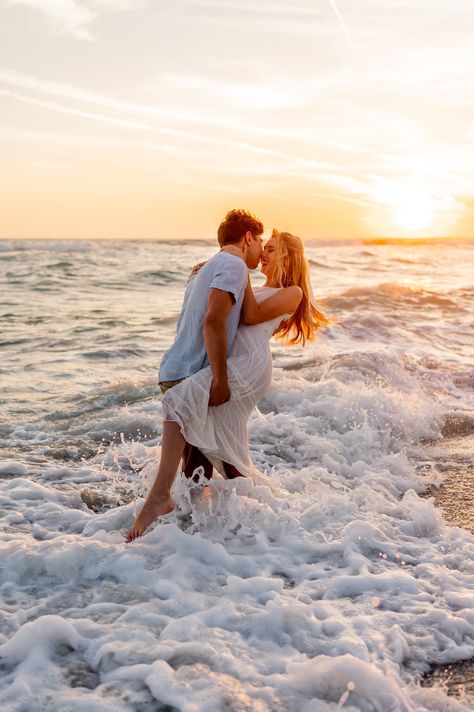 Venice Beach sunset engagement session with R.Weber Photo - capturing your fun and adventurous love story. Book your photoshoot with me and let's have some fun. Engagement Photos In The Ocean, Engagement Shoot Dress Beach, Beach Engagement Photos Steamy, Champagne Beach Engagement Pictures, Cute Beach Engagement Photos, Fun Beach Couple Shoot, Plus Size Beach Engagement Photos, Beach Theme Engagement Photos, Couples Photoshoot At The Beach