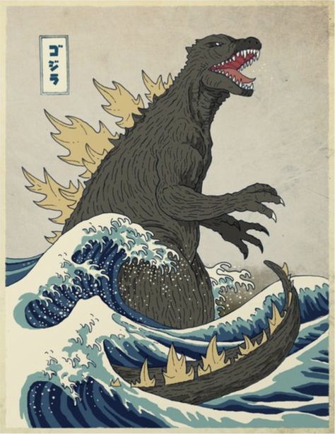 Retro japanese art inspiration The Great Godzilla off Kanagawa by DinoMike, available as an art print. #japanese #retro Godzilla Tattoo, Old Posters, Funny Art Prints, The Great, Plakat Design, Black Framed Wall Art, Art Japonais, Illustration Wall Art, Fashion Poster