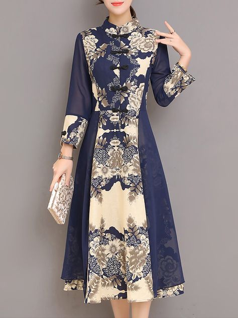 Shop Linen Dresses - Navy Blue A-line Buttoned Paneled Floral Printed Long Sleeve Midi Dress online. Discover unique designers fashion at StyleWe.com. Dress Essentials, Dress Batik Modern, Model Dress Batik, Batik Dress Modern, Midi Skater Dress, Blouse Batik, Batik Fashion, Muslim Fashion Dress, Batik Dress