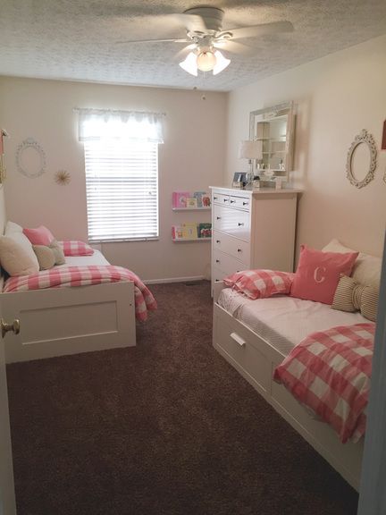 Two Day beds one room. Sherwin Williams Steamed Milk Room Ideas 2 Twin Beds, 2 Toddler Beds In Small Room, 2 Twin Beds In One Room, Small Room Decor For Two Sisters, Room Decor Bedroom Shared, Two Bed One Room Ideas, Bedroom Ideas With 2 Twin Beds, Beds For Shared Room, Small Room Ideas 2 Beds