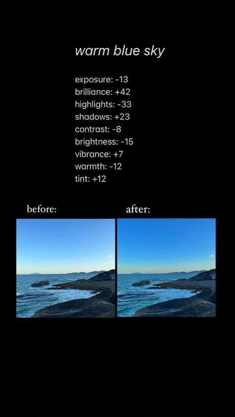 Beach Photo Iphone Edit, Lake Photo Editing, Night Pic Edit Iphone, Sky Iphone Edit, Sky Edit Iphone, Iphone Beach Photo Edit Settings, Sunrise Photo Edit Iphone, Blue Eye Filter, Blue Photo Filter