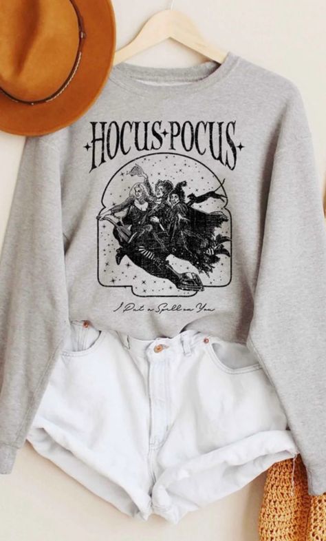 Hocus Pocus Graphic Sweatshirt (Grey) Hocus Pocus Sweatshirt, Hocus Pocus Shirt, Hocus Pocus Halloween, Halloween Graphic, Halloween Time, White Crewneck, Juniors Jeans, Brooms, Pink Sand