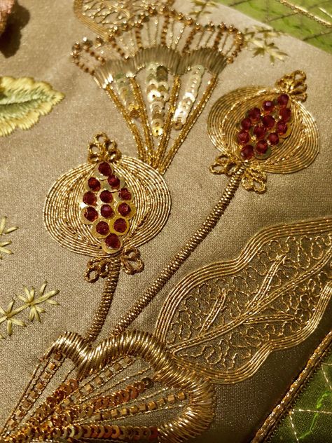 Katie Strachan First Signs Of Spring, Medieval Embroidery, Flower Pattern Drawing, Tambour Beading, Gold Work Embroidery, Zardozi Embroidery, Embellishment Details, Abstract Embroidery, Signs Of Spring