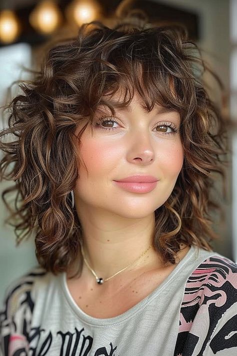 The Best Curly Hairstyles & Haircuts of 2024 Shag Bob Curly Haircut, Haircuts For Curly Medium Hair, Artsy Curly Hairstyles, Shag Curly Haircut With Bangs, Curly Wavy Short Hairstyles, Fringe Bangs Curly Hair Natural Curls, Curly Hair Layered Haircut Short, Curly Bangs Medium Hair, Shag Hairstyles Medium Length