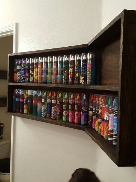 Here is the new shelf I built for my wife's body sprays..... How To Organize Your Lotions And Perfumes, Organizing Body Sprays And Lotions, Lotion Storage Ideas, Perfume Shelf Ideas Bedroom, Perfume Organization Shelf, Body Spray Organization, Perfume Storage Ideas Organizing, Perfume Shelf Ideas, Bath And Body Works Collection