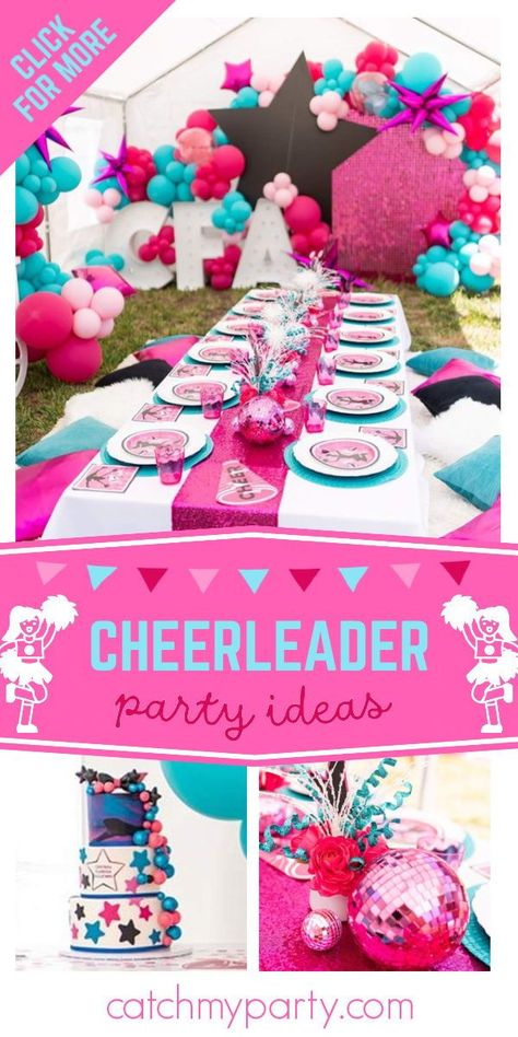 Don't miss this pretty cheerleading birthday party! The table settings are fab! See more party ideas and share yours at CatchMyParty.com Cheer Theme Birthday Party, Cheerleader Themed Birthday Party, Cheerleading Themed Birthday Party, Cheerleader Party Ideas, Cheer Themed Birthday Party, Girls 8th Birthday Party Themes, Cheer Party Ideas, Cheer Birthday Party Ideas, Cheerleading Birthday Party Ideas