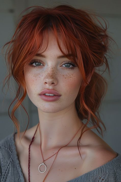 Older Women With Red Hair, Pretty Woman Reference, Uniquely Beautiful People, Portrait Drawing Reference Photos, Short Red Hair Green Eyes, Brunette With Freckles, Red Hair With Brown Eyes, Redhead Face Claim, Red Hair With Fringe