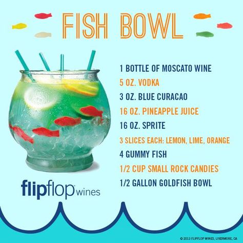 Flip Flop Wine Fish Bowl Recipe Punch Alcohol, Creative Alcoholic Drinks, Fishbowl Drink, Bowl Cocktails, Sour Punch, Gummy Fish, Moscato Wine, Liquor Drinks, Boozy Drinks