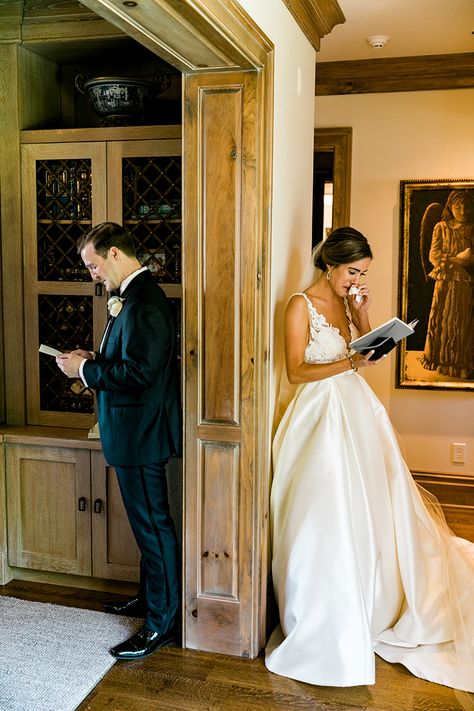 Our 10 Favorite Groom Reactions That Will Melt Your Heart | The Pink Bride Bride And Groom Pictures Before Wedding, Wedding Exchange Gift, Letters Before The Wedding, Bride First Look With Groom, Bride And Groom Letter Exchange, Letter Before Wedding, Wedding Letters To Groom From Bride, Bride And Groom Gift Exchange, Wedding Letters To Groom
