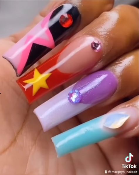 Adventure Time Acrylic Nails, Fnaf Nails Acrylic, Steven Universe Nail Designs, Steven Universe Nail Art, Adventure Time Nail Art, Gengar Nails, Gravity Falls Nails, Steven Universe Nails, Fnaf Nails