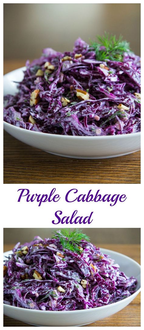 Crunchy purple cabbage and chopped pecans tossed in a creamy garlicky dressing. Cabbage Recipe Salad, Purple Party Foods, Purple Cabbage Recipe, Purple Cabbage Salad, Keto Shrimp Salad, Purple Cabbage Recipes, Purple Cabbage Slaw, Keto Cabbage Recipe, Purple Vegetables