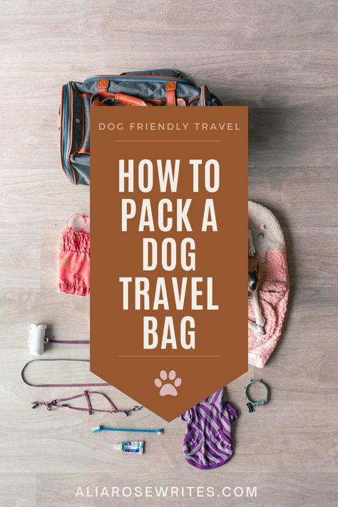 In this packing guide, I'm sharing what’s in my dog’s travel bag and how to pack all the dog travel accessories you need for a successful dog friendly vacation! Diy Dog Travel Bag, Dog Essentials For Camping, Dog Travel Bag Essentials, Travel Dog Accessories, Puppy Travel Bag Packing Lists, Dog Bags Travel, Vacation With Dog Ideas, Dog Travel Packing List, Puppy Travel Essentials