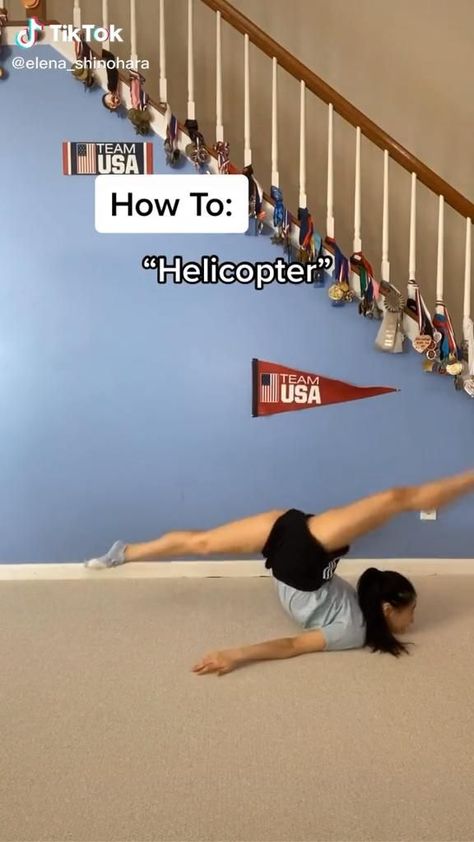 How To Do A Gymnastics Trick, Gymnastics Tutorials Splits, Helicopter Gymnastics Trick, How To Do The Helicopter Gymnastics, Easy Flexibility Tricks, Simple Acro Tricks, Gymnastics Stretches For Beginners, Dancer Tricks To Learn, Cool Tricks Gymnastics