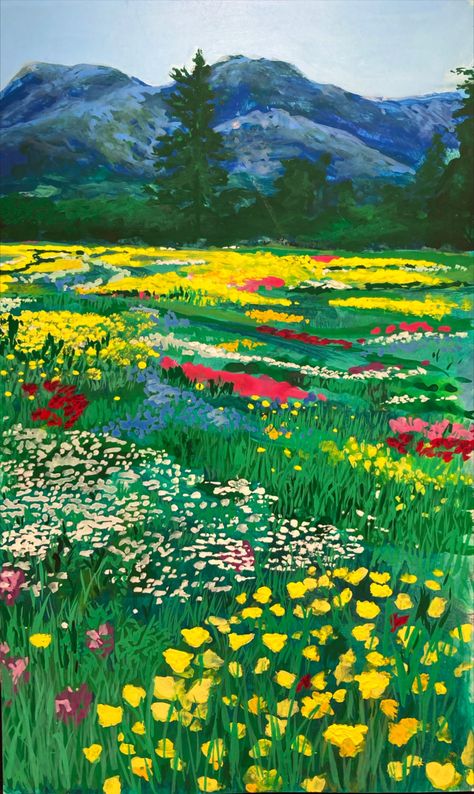 Field Aesthetic Landscape, Daisy Field Aesthetic, Green And Yellow Aesthetic, Art Aesthetic Painting, Flower Feild, Gouache Flowers, Field Aesthetic, Japan Flower, Gouche Painting