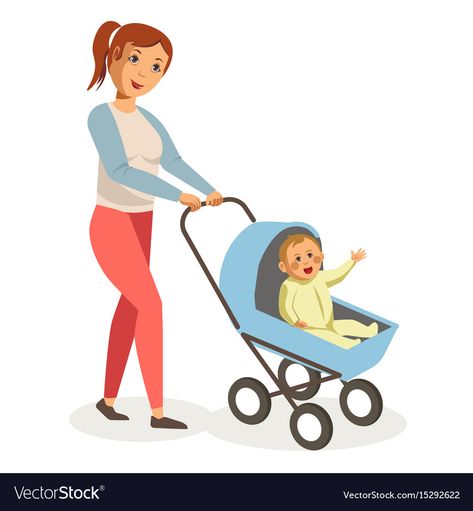 Mother walks with son in blue baby carriage Vector Image Baby Trolley, Yellow Romper, Character Illustrations, Romper Suit, Baby Carriage, Pink Jeans, Background Download, Book Projects, Blue Baby