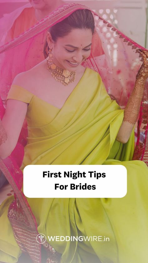 Tap the link for your essential "First-Night Tips for Brides Handbook"! Get ready to make unforgettable memories as you embark on this new chapter together 💕 | Picture Credits: Kriti Kharbanda | #ShaadikiTaiyari Aasaan Hai First Night Dress For Bride Indian, Bride To Be Preparation, First Night Saree For Bride, Bridal Shopping List Indian, First Night Dress For Bride, Wedding Night Outfit Brides, Wedding Night Tips, Marriage First Night, Wedding Night Outfit