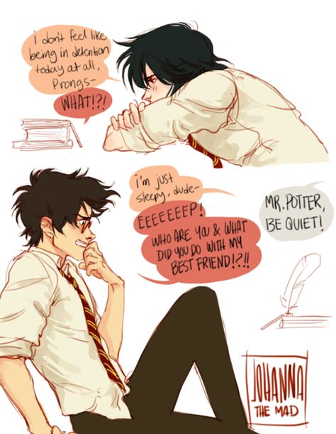 James Potter and Sirius Black in detention by johannathemad Meme Harry Potter, Scorpius And Rose, Teen Wolf Memes, Desenhos Harry Potter, Theme Harry Potter, Yer A Wizard Harry, Harry Potter Comics, Images Harry Potter, Harry Potter Headcannons
