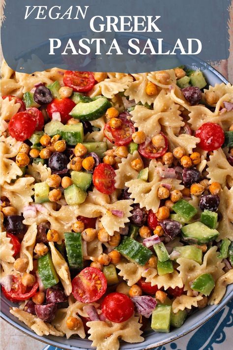 Vegan Greek pasta salad with crispy lemon chickpeas, creamy Greek-inspired tahini dressing, fresh veggies, and olives is the perfect recipe ready for a big bowl. This easy and healthy recipe is made with wholesome plant-based ingredients and no added oil. Make it with your favorite pasta, gluten-free pasta, or high-protein chickpea pasta. Don’t miss out on all the flavor you love from Greek salad Easy Vegan Recipes Healthy High Protein, Vegan Salads With Protein, Plant Based Pasta Salad, Vegan Protein Salad, Lemon Chickpeas, Vegan High Protein Recipes, High Protein Pasta Salad, Cucumber Quinoa Salad, Pasta Salad Vegan