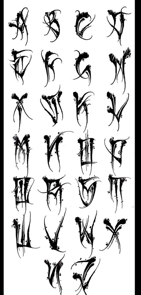 Thumb Tack Drawing, Dark Writing Tattoo, Tattoo Alfabet, Graffiti Calligraphy Alphabet, Dark Calligraphy Alphabet, Dark Fonts Alphabet, Dark Font Tattoo, Hand Typography Lettering, Gothic Font Tattoos For Women