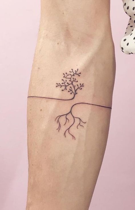 Tattoo Ideas Drawings Unique, Women Growing Tattoo, Nature Healing Tattoo, Connected To Nature Tattoo, Minimalist Tree Tattoo With Roots, Nature Tattoos Linework, Small Geeky Tattoos, Abstract Simple Tattoo, Nature Vs Nurture Tattoo