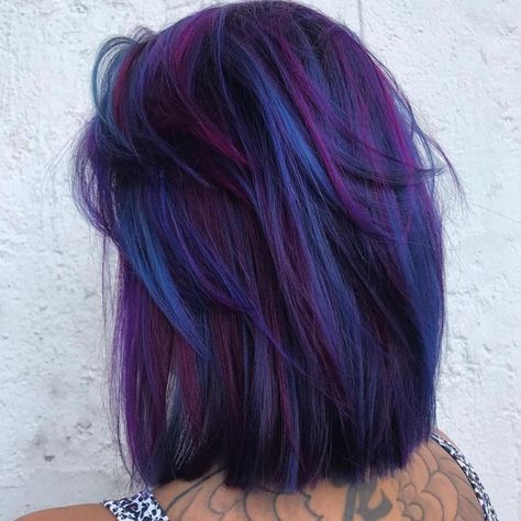 Galaxy colors. Contact your new hairstylist today through EEVOY. Vibrant Hair Color Ideas Summer, Galaxy Hair Color, Galaxy Hair, Bold Hair Color, Galaxy Colors, Ombre Hair Blonde, Attitude Clothing, Beautiful Hair Color, Pretty Hair Color