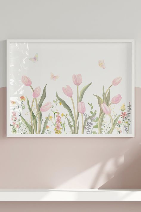 This lovely tulip watercolor print would be a beautiful spring accent to your home wall decor. The illustration is made in digital files from our original hand-painted Tulips watercolor painting. Tulips Watercolor Painting, Tulip Watercolor, Art Tulips, Painted Tulips, Tulips Watercolor, Horizontal Poster, Watercolor Tulips, Botanical Wall Decor, Spring Flower