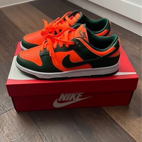 2022 Dunk Low Miami Hurricanes Bnib - Deadstock Proof Of Purchase Available 100% Guaranteed - Purchased From Nike Open To Offers - No Lowballing Shoes For School 2024, Jordan Low Dunks, Nike Colorful Shoes, Jordan Dunks Shoes, Trendy Shoes For Women Sneakers, Nike Shoes Dunks, Nike Dunks Men, Outfits With Nike Dunks, Air Dunk Low