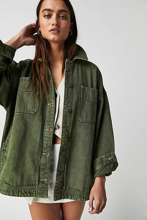 Madison City Denim Jacket | Free People Green Denim Jacket, Free People Style, Twill Jacket, Free People Jacket, Oversized Denim Jacket, Summer Jacket, Oversized Jacket, Oversized Silhouette, Jacket Sale