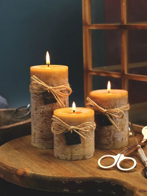 Rustic Brown Aromatherapy Candle Set with Jute Ribbon | The Other Aesthetic Candle Room Decor, Candle Decorating, Forest Candle, Large Pillar Candles, Cylinder Candles, Paraffin Wax Candles, Candles For Home, Bulk Candles, Fragrant Candles