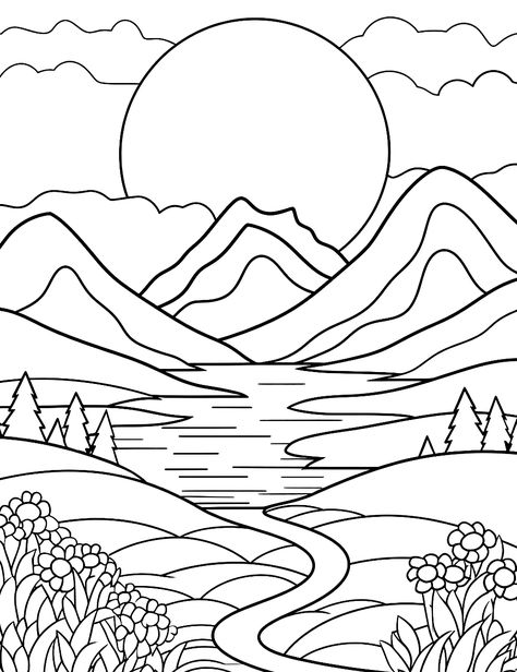 Croquis, Line Drawing Landscape Simple, 4 Seasons Coloring Page, Line Art Landscape Drawings, Nature Colouring Pages, Calm Coloring Pages, Colouring In Printables, Sunset Coloring Pages, Coloring Pages Landscape