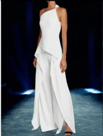 Elegant One-Shoulder Jumpsuit Step into sophistication with our Elegant One-Shoulder White Jumpsuit. This stunning piece features an asymmetrical one-shoulder design that exudes modern elegance. The tailored bodice cascades into wide-leg pants, creating a flowy silhouette that flatters every body type. Perfect for formal events, evening parties, or any occasion where you want to make a statement, this jumpsuit combines comfort with high-fashion style. Pair it with your favorite heels and accessories to complete the look. Embrace the elegance and turn heads wherever you go! Haute Couture, Solid Color Jumpsuits, One Shoulder Jumpsuit, Casual Wide Leg Pants, Jumpsuits And Romper, Type Of Pants, Jumpsuit Fashion, Dressy Casual, Fashion Colours