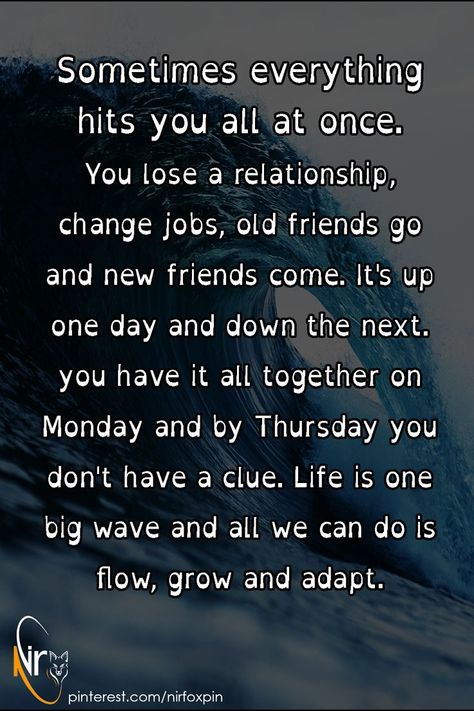 Sometimes everything hits you all at once. You lose a relationship, change jobs, old friends go and new friends come. It's up one day and down the next. you have it all together on Monday and by Thursday you don't have a clue. Life is one big wave and all we can do is flow, grow and adapt. Life Lessons, One Day, Changing Jobs, Big Waves, A Relationship, New Job, Clue, New Friends, Old Friends