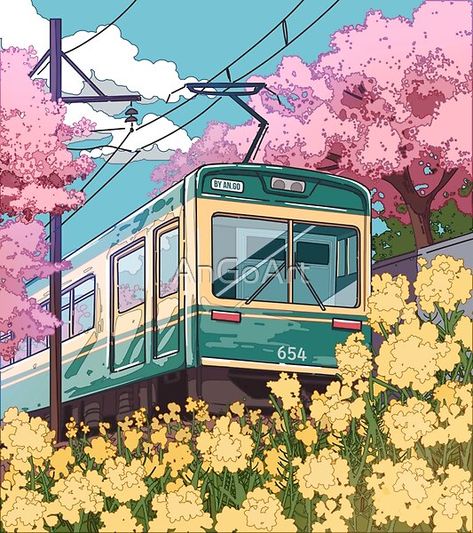 Traveling Poster, Peaceful Anime, Japanese Train, Spring Drawing, Train Illustration, Train Drawing, Japanese Nature, Japan Illustration, Japanese Drawings