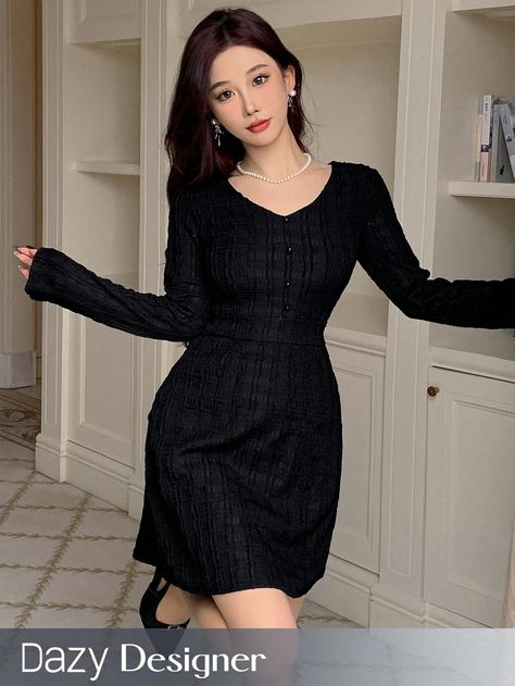 Black Casual Collar Long Sleeve Rib knit Plain Fitted Embellished Slight Stretch Summer Women Clothing Printed Sleeveless Top, Long Sleeve Short Dress, Kids Sleepwear, Dress For Short Women, Kids Beachwear, Black Casual, Short Dress, Dress P, All Fashion