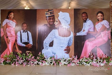 Wedding Picture Backdrop Receptions, Wedding Reception Banner, Wedding Banner Design In Nigeria, Picture Area For Wedding, Wedding Picture Area, Photo Backdrop Wedding Receptions, Wedding Backdrop Banner Design, Backdrop With Pictures, Wedding Banners Ideas