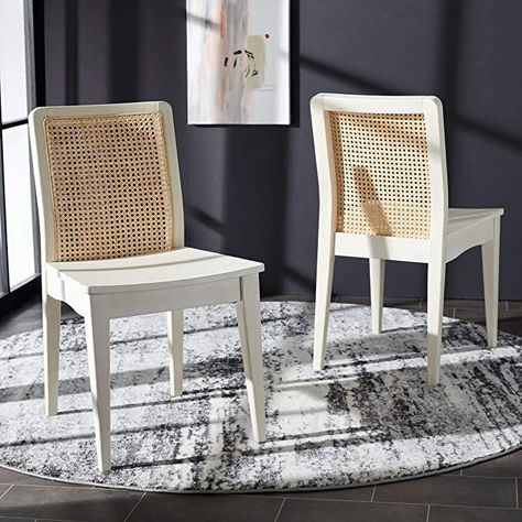 Amazon.com: Safavieh Home Collection Benicio White/Natural Rattan Dining Chair (Set of 2) DCH1005B-SET2 : Everything Else Coastal Dining Chairs, Woven Dining Chairs, Rattan Dining, Rattan Dining Chairs, Coastal Charm, White Dining Chairs, Metal Dining Chairs, Parsons Chairs, Dining Room Bar