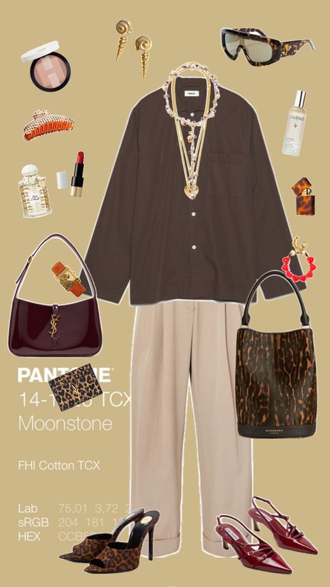 Chic and casual outfit with brown shirt, beige pants, leopard ysl bag, leopard mules or wine slingback  #outfit #trendyoutfit #fashioninspo #fashionoutfits #fashionoutfits2024 #fashionoutfits2024trends #trends2024 #trends2024outfit #outfitinspo #styleinspo #ootd #tenue #farfetch  #brownshirtoutfit #brownandbeigeoutfit #leopardaccessoriesoutfit #leopardbagoutfit #leopardmulesoutfit Leopard Mules Outfit, Slingback Outfit, Leopard Pants Outfit, Leopard Accessories, Leopard Mules, Leopard Pants, Beige Pants, Brown Shirt, Ysl Bag