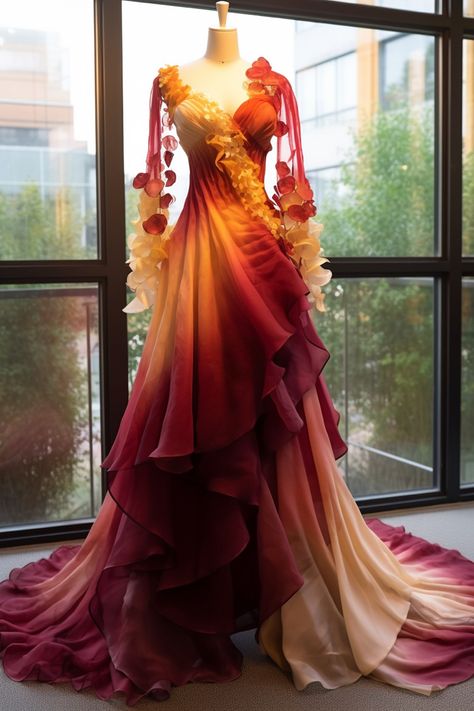 Snapdragon inspired gown Couture, Haute Couture, Flame Dress Gowns, Nature Goddess Dress, Prom Dresses For Gingers, Autumn Court Dress, Fire Inspired Dress, Orange Fancy Dress, Degrade Dress