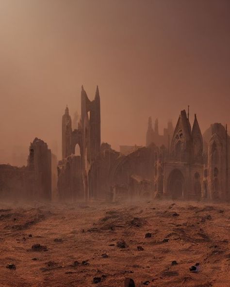 Ruins, Fantasy Dark Castle, Fantasy Castle Ruins, Fantasy Inspiration Scenery, Post Apocalyptic Desert, Dark Fantasy Castle, Gothic Ruins, Desert Punk, Fantasy Worldbuilding