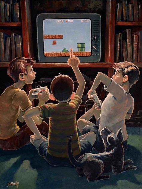 Video game nostalgia. These were the good old days. Sitting in your living room with friends huddled around Nintendo (or your system of choice). The Saturdays, Friendship Photography, Arte 8 Bits, New Retro Wave, Super Mario Brothers, 인물 드로잉, Norman Rockwell, Playing Video Games, Video Game Art