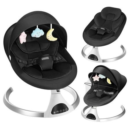 The HARPPA Baby Swing/Bouncer/Rocker is a lightweight and multi-functional infant swing that features 12 built-in songs, Bluetooth function, and USB powered options. This baby swings for infants replicates the natural motion of parents and includes 3 hanging stuffed toys to keep your baby entertained. The indoor swing is easy to use with a digital touch panel and remote control, and has customizable speed and motion. It comes with a soft removable seat pad and headrest, a protective mosquito net Newborn Swing, Infant Swing, Baby Swing Outdoor, Music Speaker, Toddler Swing, Baby Rocker, Baby Swing, Baby Bouncer, Bluetooth Remote