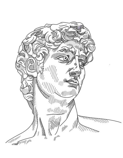 Ancient Art Drawing, Greek Things To Draw, Greece Statue Drawing, David Sculpture Drawing, Greek Statue Drawing Sketch, Statue Art Drawing, Statue Of David Drawing, Ancient Greece Drawing, Greek Statue Drawing