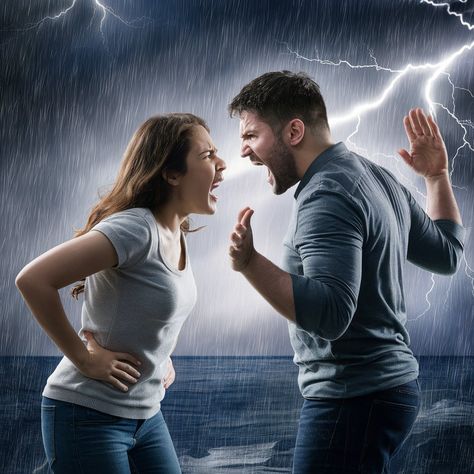 A dramatic and intense scene of a couple engaged in a fierce verbal argument. The wife, with her hands on her hips, has an angry expression on her face. Her husband, standing with his arms raised, appears to be trying to defend himself and explain his actions. The background represents a chaotic storm, with lightning flashing and rain pouring down, reflecting the turmoil in their relationship. This should not happen in life. Affiliate Marketing, Couple Argument, Angry Expression, Lightning Flash, Husband Wife, Hands On, Marketing