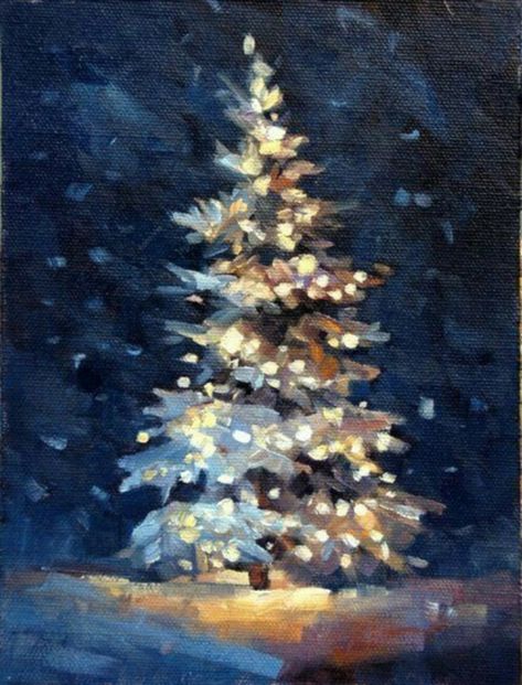 40 Beautiful Christmas Painting Ideas to Try This Season - Bored Art Latest Christmas Trends, Night Snow Painting, Merry Christmas Art Painting, Snow Trees Painting, Winter Scenes To Paint Acrylic, Evergreen Tree Painting Acrylic, Snowy Tree Painting, Snow Scene Painting, Christmas Tree Oil Painting